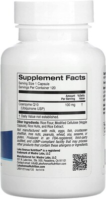 Коензим Q10 Lake Avenue Nutrition CoQ10 100 мг, 120 веганських капсул