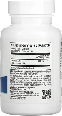 Коензим Q10 Lake Avenue Nutrition CoQ10 100 мг, 120 веганських капсул