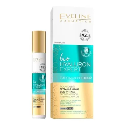 Гель для шкіри навколо очей Eveline Bio Hyaluron Expert роликовий від мішків та темних кіл, 15 мл