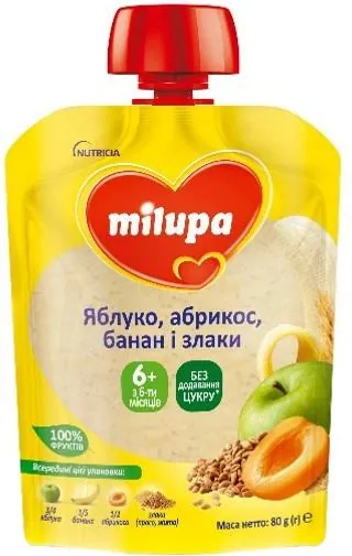 Пюре фруктове Milupa Яблуко, абрикос, банан і злаки для дітей з 6 місяців, 80 г