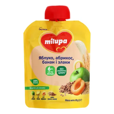 Пюре фруктове Milupa Яблуко, абрикос, банан і злаки для дітей з 6 місяців, 80 г