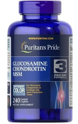 Препарат для суглобів і зв'язок Puritan's Pride Glucosamine Chondroitin MSM 3 Per Day Formula, 240 каплет
