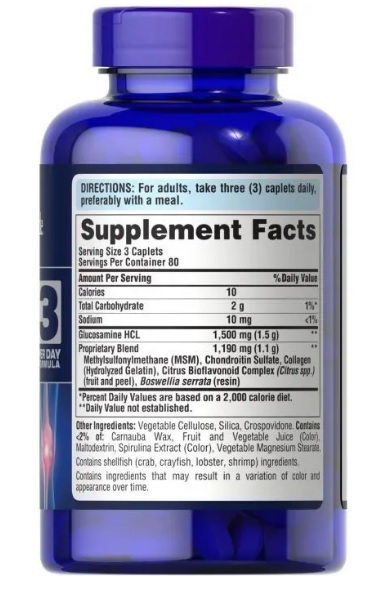 Глюкозамін хондроїтин та МСМ Puritan's Pride Glucosamine Chondroitin MSM Double Strength, 240 каплет