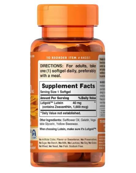 Лютеин для зрения с зеаксантином Puritan's Pride Lutein 40 мг with Zeaxanthin Lutigold, 60 гелевих капсул