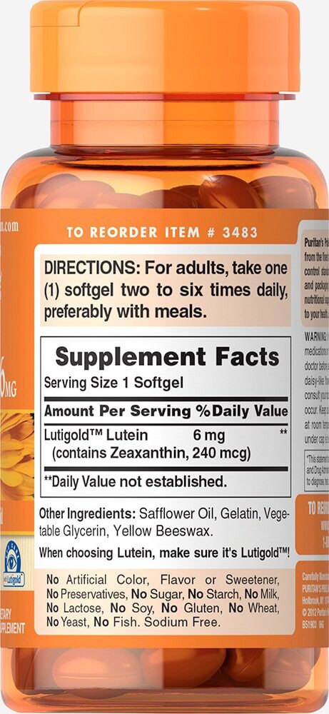 Лютеїн для зору з зеаксантином Puritan's Pride Lutein 6 мг з Zeaxanthin Lutigold, 200 гелевих капсул