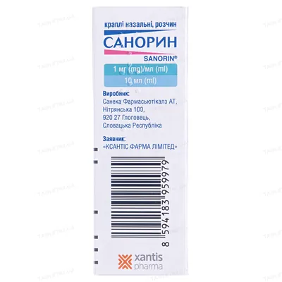 Санорин краплі наз., р-н, 1 мг/мл по 10 мл у флак. з криш.-крап.