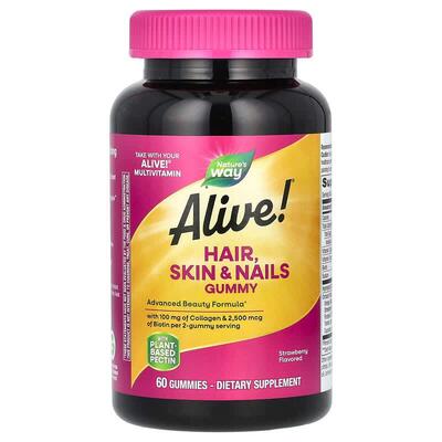 Диетическая добавка Nature's Way Alive! для волос, кожи и ногтей с коллагеном, жевательные мармеладки со вкусом клубники, №60