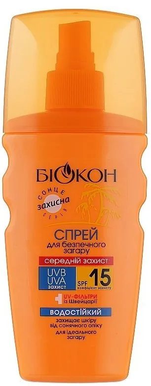 Спрей сонцезахисний Біокон SPF15 для безпечної засмаги водостійкий, 160 мл