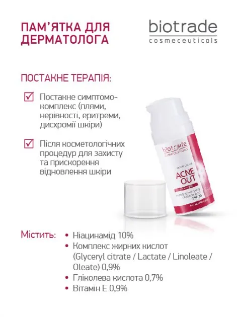 Крем для обличчя Biotrade Acne Out SPF 30 відновлюючий для шкіри зі слідами постакне, 30 г