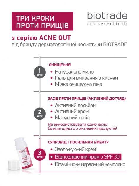 Крем для лица Biotrade Acne Out SPF 30 восстанавливающий для кожи со следами постакне, 30 г