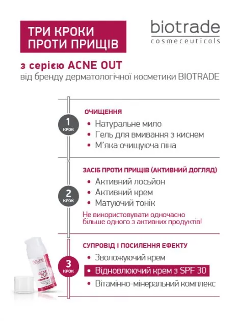 Крем для обличчя Biotrade Acne Out SPF 30 відновлюючий для шкіри зі слідами постакне, 30 г
