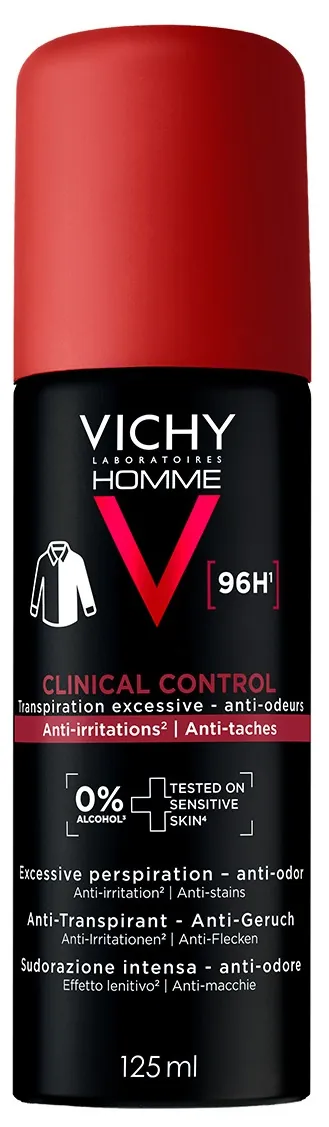 Дезодорант-антиперспірант спрей Vichy Homme Clinical Control 96h для чоловіків захист проти надмірного потовиділення, запаху та плям на одязі, 125 мл