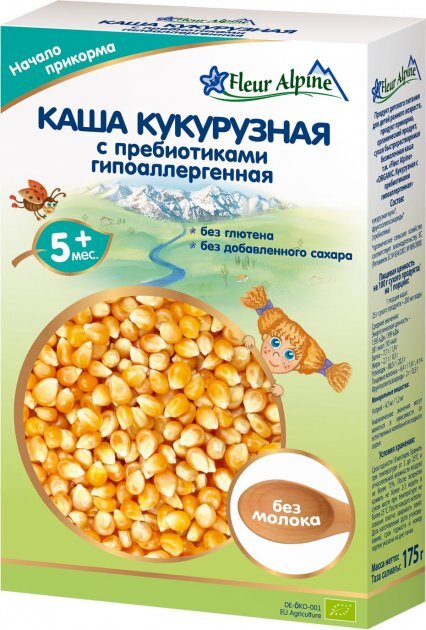Каша безмолочная Fleur Alpine Кукурузная с пребиотиками гипоаллергенная для детей с 5 месяцев, 175 г