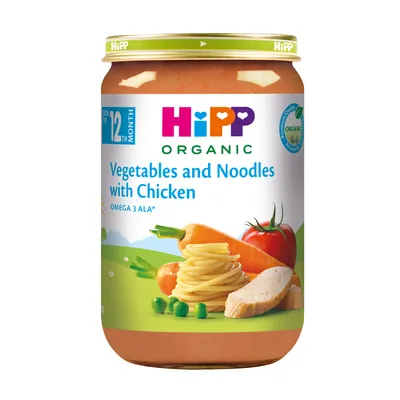 Пюре м’ясо-овочеве HiPP Organic Овочі та локшина з куркою з 12 місяців, 220 г