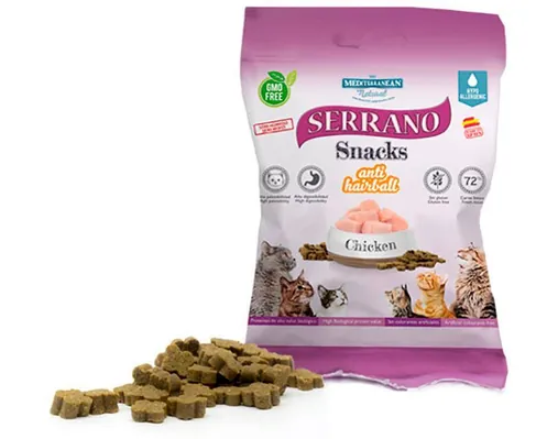 Ласощі для котів Mediterranean Natural Serrano Snacks з функцією виведення грудочок шерсті з куркою, 50 г