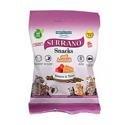 Лакомство для кошек Mediterranean Natural Serrano Snacks с функцией выведения комочков шерсти с лососем и тунцем, 50 г