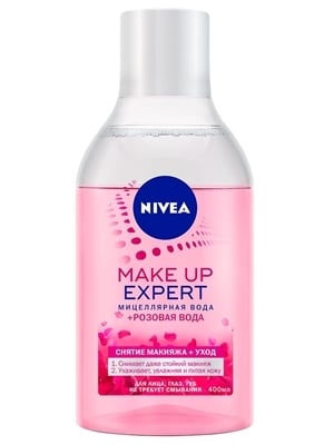 Мицеллярная вода Nivea Make Up Expert + розовая вода для снятия макияжа для лица, глаз и губ без смывания, 400 мл