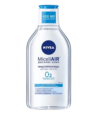 Мицеллярная вода Nivea MicellAIR: Дыхание кожи для лица, глаз и губ для нормальной и комбинированной кожи, 400 мл