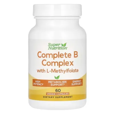 Комплекс вітамінів групи B з L-метилфолатом Super Nutrition Complete B Complex with L-Methylfolate, 60 рослинних капсул