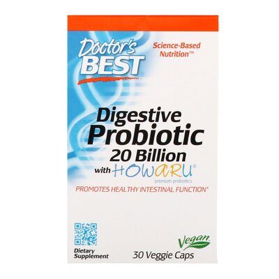 Пищеварительный пробиотик Doctor's Best Digestive Probiotic 20 Billion with Howaru 20 млрд КОЕ, 30 вегетарианских капсул