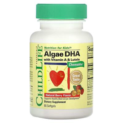 ДГК из водорослей с витамином А и лютеином ChildLife Algae DHA with Vitamin A & Lutein, ягодный вкус, 60 мягких таблеток