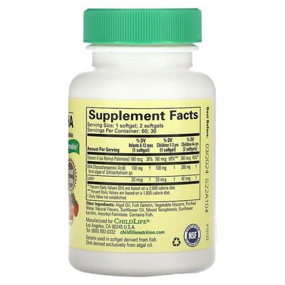 ДГК из водорослей с витамином А и лютеином ChildLife Algae DHA with Vitamin A & Lutein, ягодный вкус, 60 мягких таблеток