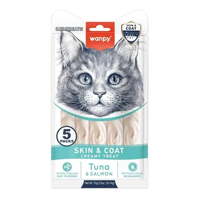 Рідкі ласощі для котів Wanpy Functional Creamy Lickable Treat Skin&Coat для здоров'я шкіри та блиску шерсті, тунець-лосось, 70 г (5 стіків по 14 г)