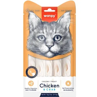 Рідкі ласощі для котів Wanpy Creamy Lickable Treats Chicken & Crab з куркою та крабом, 70 г (5 стіків по 14 г)