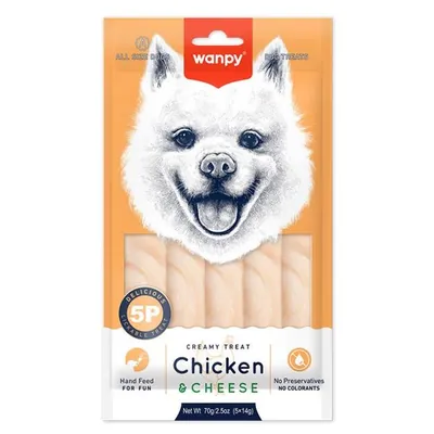 Рідкі ласощі для собак Wanpy Creamy Lickable Treat Chicken & Cheese з куркою та сиром, 70 г (5 стіків по 14 г)