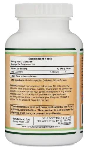 Ацетил L-Карнітин Double Wood Acetyl L-Carnitine 1000 мг, 150 капсул