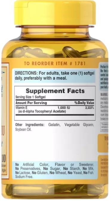 Витамин Е Puritan's Pride Vitamin E 1000 IU 450 мг, 100 капсул