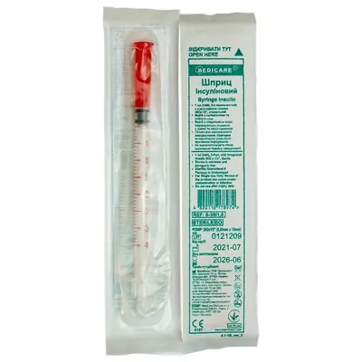 Шприц інсуліновий 1 мл U-40 Medicare Syringe Insulin з голкою 29G (0,33 х 13 мм), 1 штука