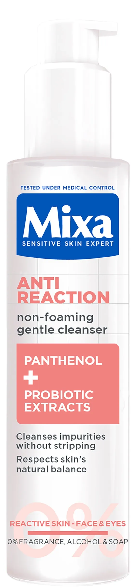 Гель для обличчя Mixa Anti-Reaction очищувальний м’який безпінний з пантенолом для заспокоєння та зменшення подразнень чутливої шкіри, 150 мл