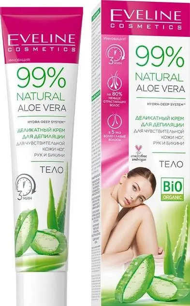 Крем для депіляції Eveline Eveline 99% Natural Aloe Vera делікатний для чутливої шкіри ніг, рук та бікіні, 125 мл