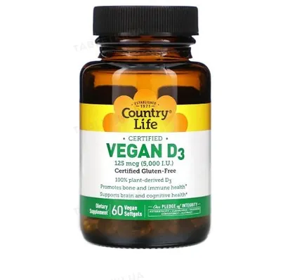 Вітамін Д3 Country Life Vegan Vitamine D3 5000 МО вегетаріанський, 60 капсул