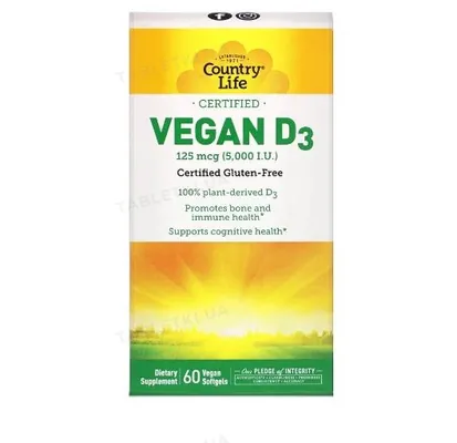 Вітамін Д3 Country Life Vegan Vitamine D3 5000 МО вегетаріанський, 60 капсул