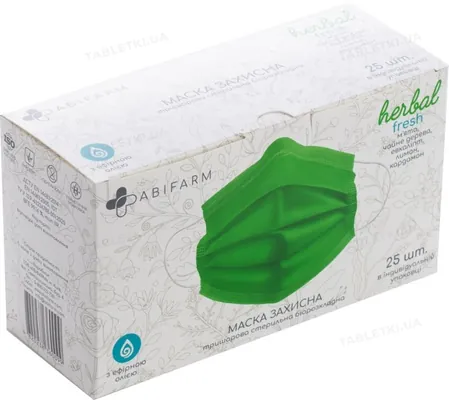 Маска захисна Abifarm Herbal Fresh ароматична, з ефірними оліями, 3-шарова, стерильна, 25 штук