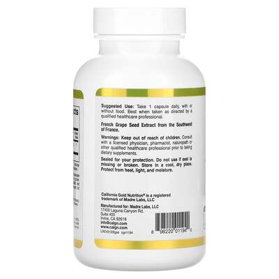 Экстракт косточек французского винограда California Gold Nutrition French Grape Seed Extract 100 мг, 120 капсул