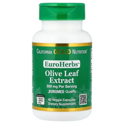 Екстракт листя оливи California Gold Nutrition EuroHerbs Olive Leaf Extract 500 мг, 60 вегетаріанських капсул