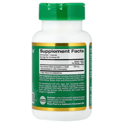Екстракт листя оливи California Gold Nutrition EuroHerbs Olive Leaf Extract 500 мг, 60 вегетаріанських капсул