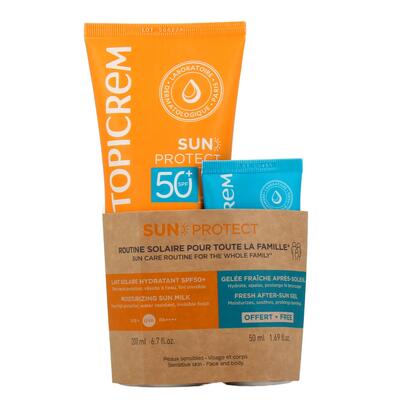 Набор Topicrem Sun Protect (Молочко для лица и тела SPF50+ увлажняющее солнцезащитное, 200 мл + Гель после загара тонизирующий, 50 мл)