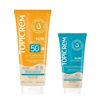 Набір Topicrem Sun Protect (молочко сонцезахисне SPF50+, що зволожує 200 мл + гель після засмаги, тонізуючий 50 мл)