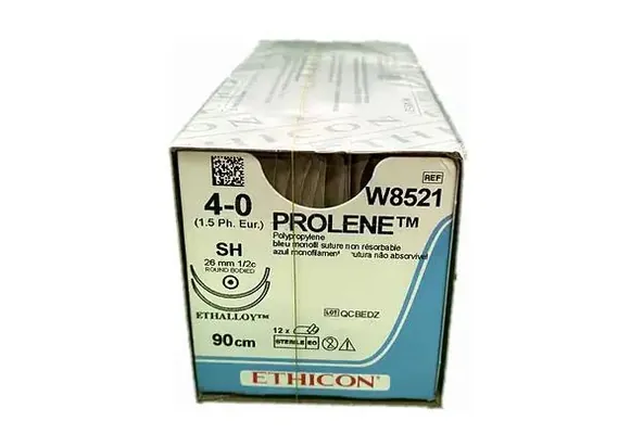 Шовний матеріал хірургічний Prolene W8521 р. USP 4/0, нерозсмоктуючий довжина 90 см, 2 колючі голки 26 мм, 1/2 кола