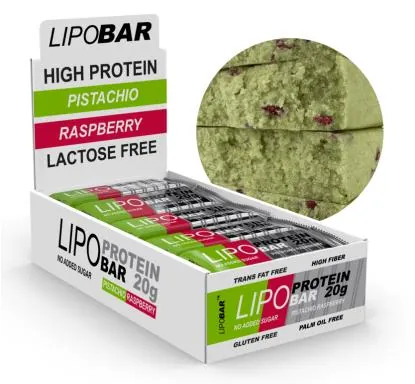 Батончик протеїновий Lipobar Protein Bar фісташка малина, 20 штук по 50 г
