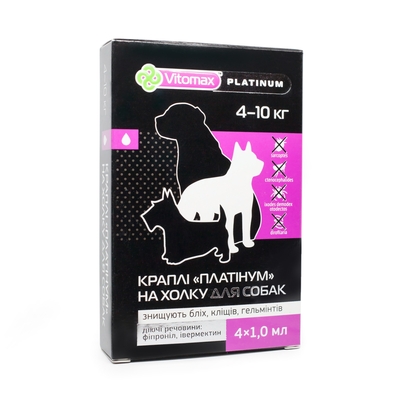 Капли на холку Vitomax Platinum против блох, клещей и гельминтов для собак 4-10 кг по 1 мл, 4 пипетки