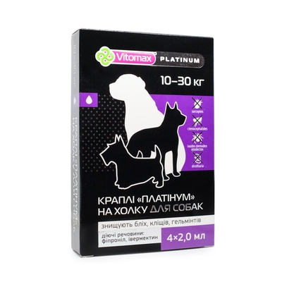 Капли на холку Vitomax Platinum против блох, клещей и гельминтов для собак 10-30 кг по 2 мл, 4 пипетки