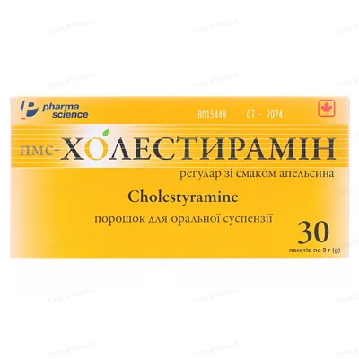 Пмс-холестирамін регуляр зі смак апельсина порошок д/ор. сусп. 4 г/9 г по 9 г №30 у пак.