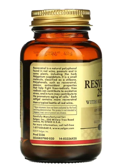 Ресвератрол Solgar Resveratrol 250 мг with Red Wine Extract м'які капсули №30