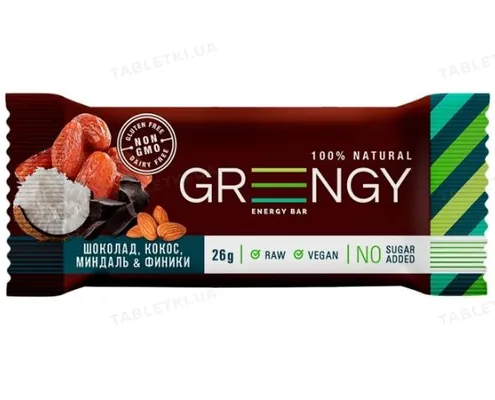 Батончик Greengy Energy Bar фініки, шоколад, кокос та мигдаль, 26 г