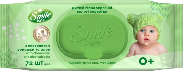 Серветки вологі Smile Baby 0+ дитячі з екстрактом ромашки, алое та вітамінним комплексом, 72 шт